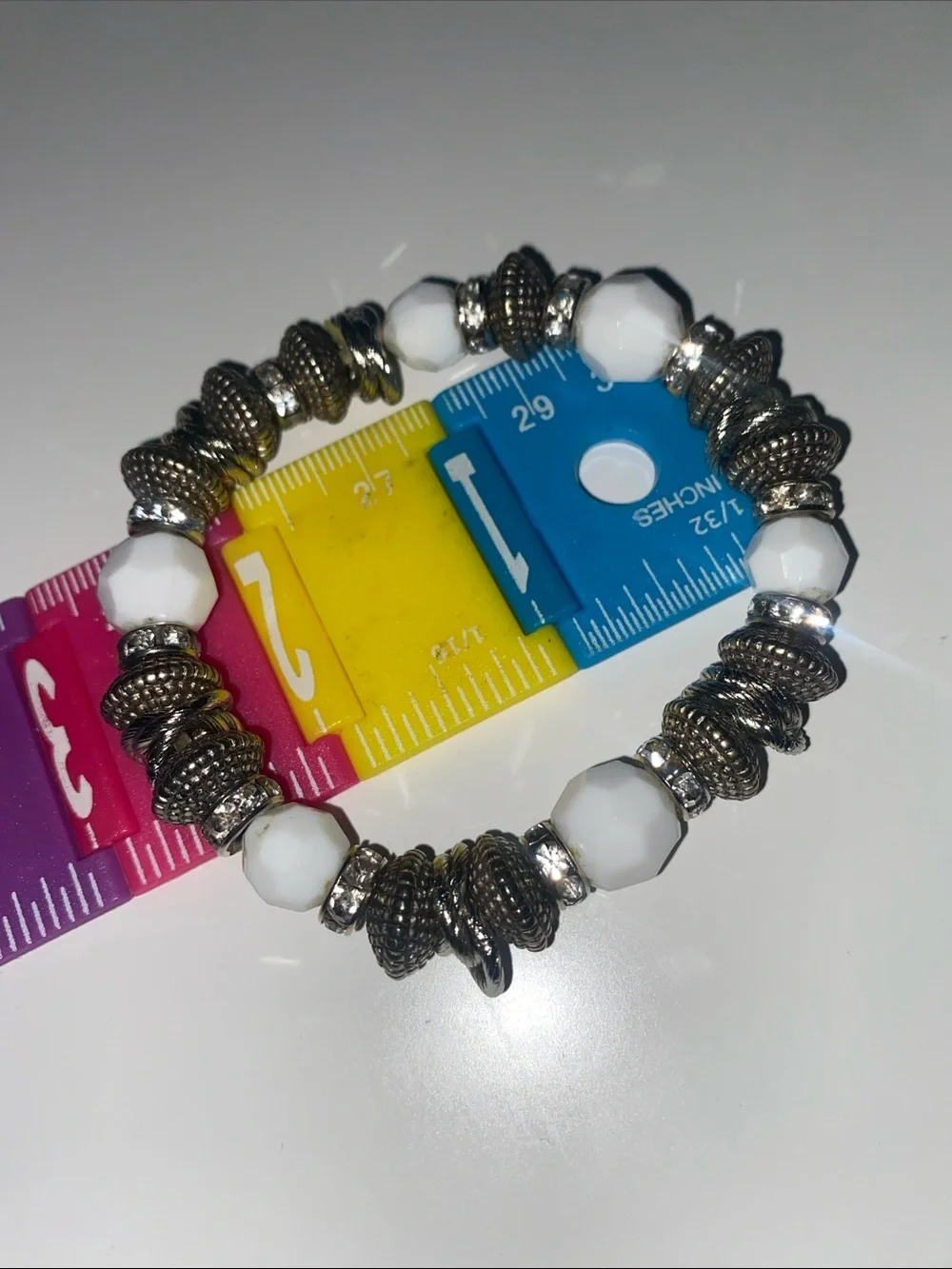 White and Silver Beaded Stretch Bracelet by - Picture 3 of 3
